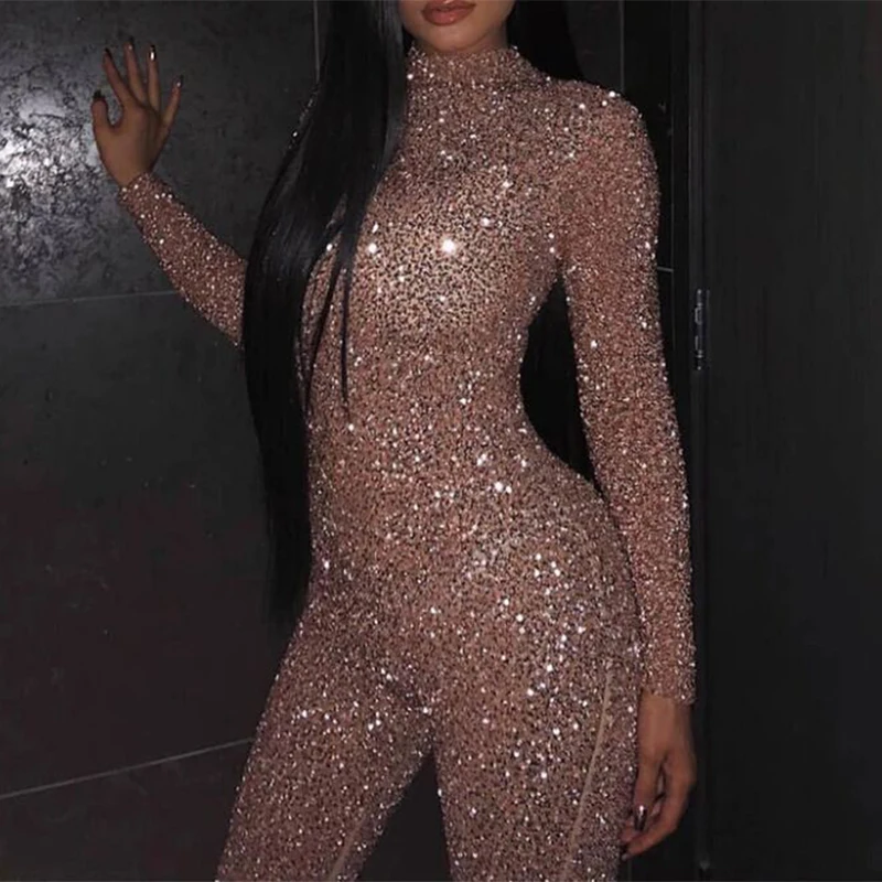 2020 Women's New Style Skinny Jumpsuit Long Sleeve Bronzing Sequins Glitter Solid Color Sexy Round Collar Ladies Party Rompers