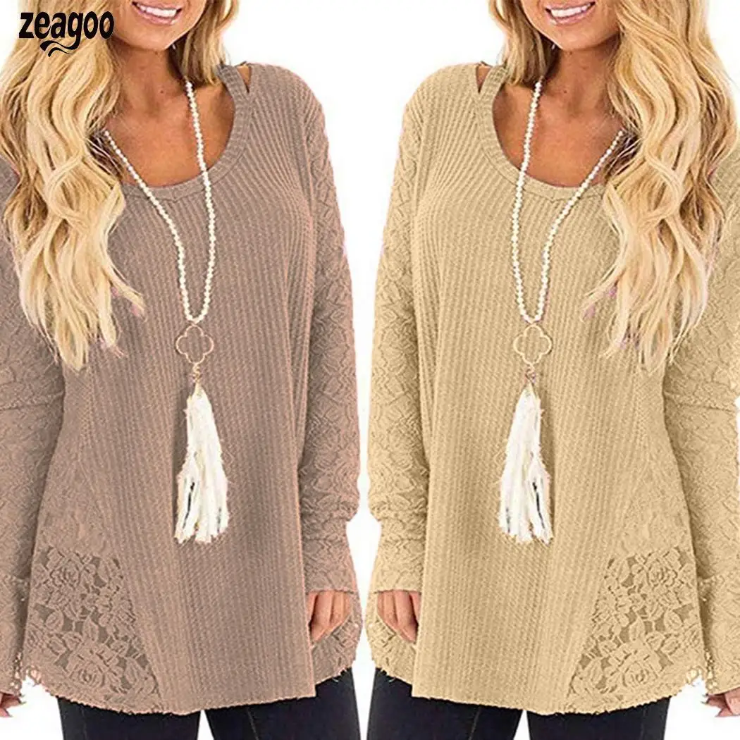 

Women Fashion Round Neck Long Sleeve Casual Lace Patchwork Knitted Sweater Winter, Autumn