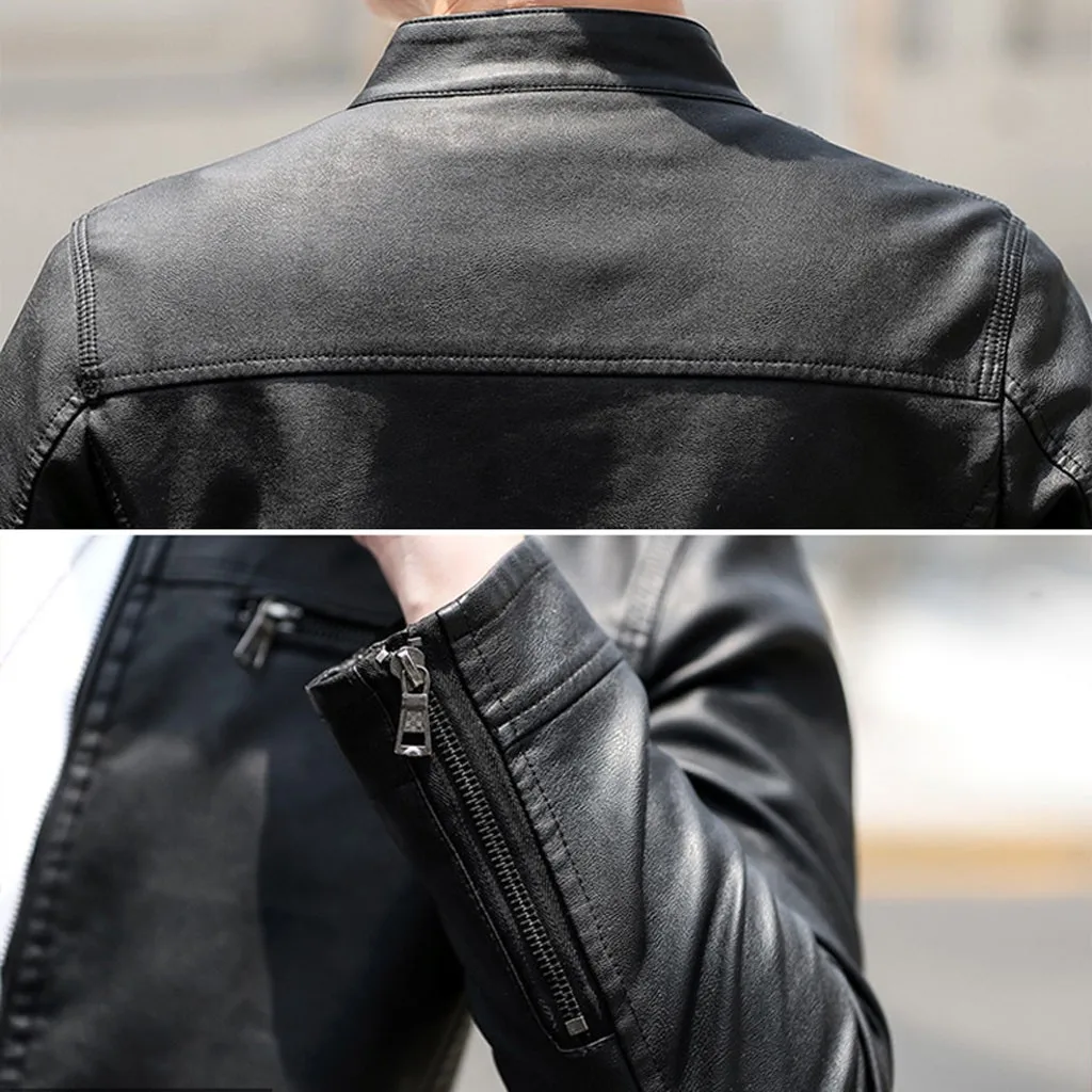 Мужская кожаная куртка осень зима кожаная курка мужская jaqueta de couro masculino Байкерская мотоциклетная куртка на молнии с длинными рукавами#3