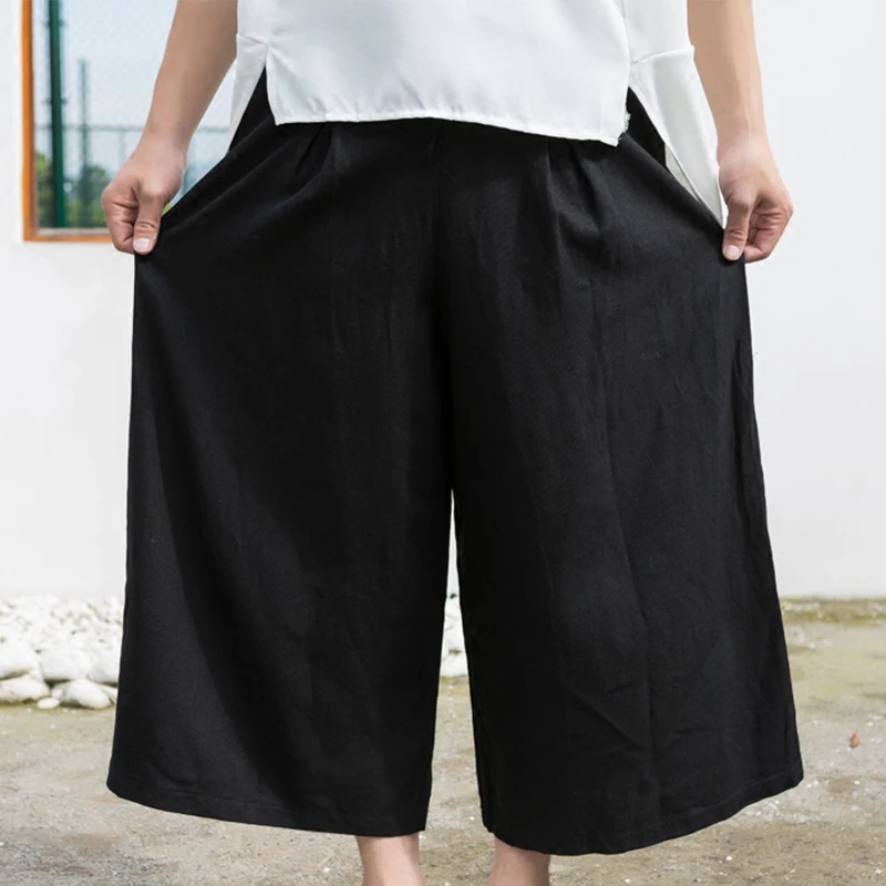 Korean version of the trend of nine points pants tide men's pants linen cloth wide-leg cotton linen skirt loose Chin