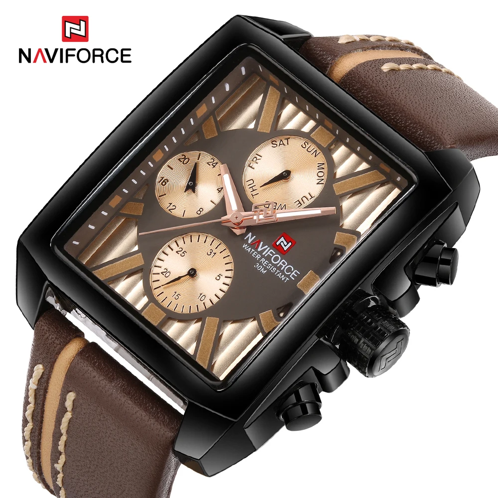 NAVIFORCE Брендовые мужские кварцевые часы, мужские часы с датой, отображением недели, прямоугольные водонепроницаемые часы с циферблатом, кожаные Наручные часы, мужской подарок