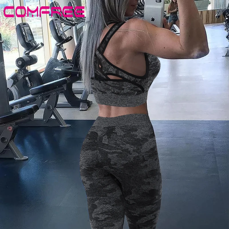 

Women's Yoga Sets 2 Piece Sports Outfits Camo Bra Crop Top Running Pants Set Workout Activewear Fitness Leggings Jogging Suits