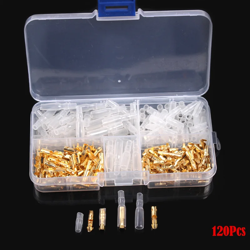 120pcs Wire Connector Brass Connector Terminal Male & Female with Insulation Cover 3.5mm Crimp Terminals