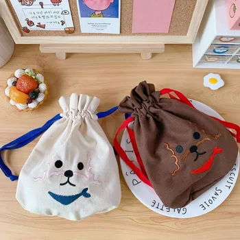 

1 Pcs Cute Animal Dog Printing Pencil Case Cosmetic Bags Large Capacity Student Canvas Storage Drawstring Bag Korean Stationery
