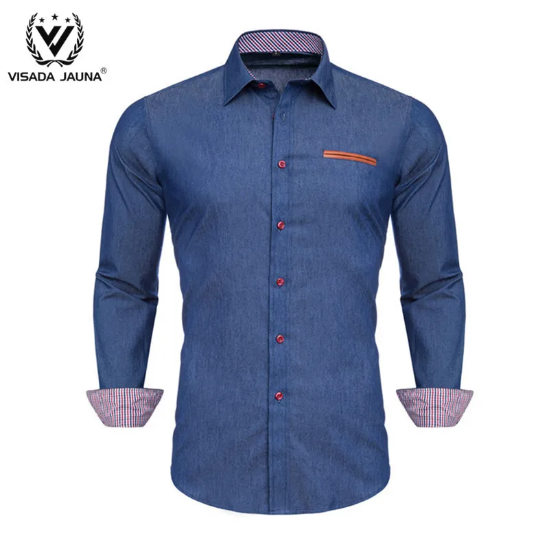 VISADA JUANA Fashion Print Casual Men Long Sleeve Shirt Stitching Fashion Pocket Design Fabric Soft Comfortable Male Dress Slim - Цвет: Blue3151