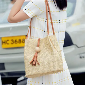 

Women's Bag Large Capacity Bucket Bag Handbag Soft Summer Beach Simple Style Female Tassel Decoration Shoulder Bag
