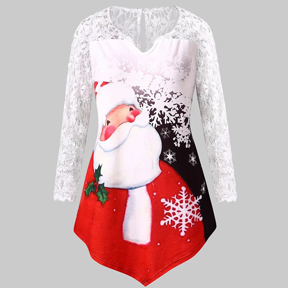 

Women Plus Size christmas Lace shirt Claus Print Lace Tunic Tee Shirt Long Sleeve Top Plus Size Printed camisas de mujer