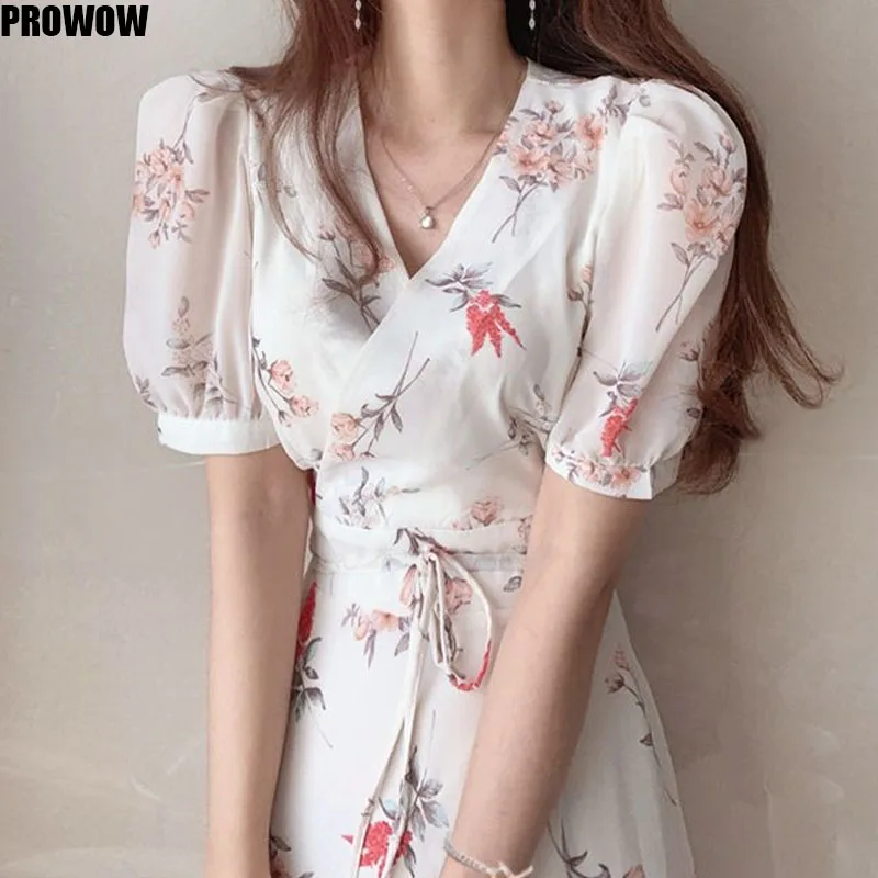 2020 Summer Chiffon Floral Dress Korean Women White Beach Bohemian Elegant Robe V Neck Dresses Femme