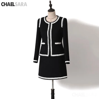 

Autumn Winter Long Sleeve Jacket Coat Women Outwears Solid Tweed Skirt Suit Women 2 Piece Sets Women Suits