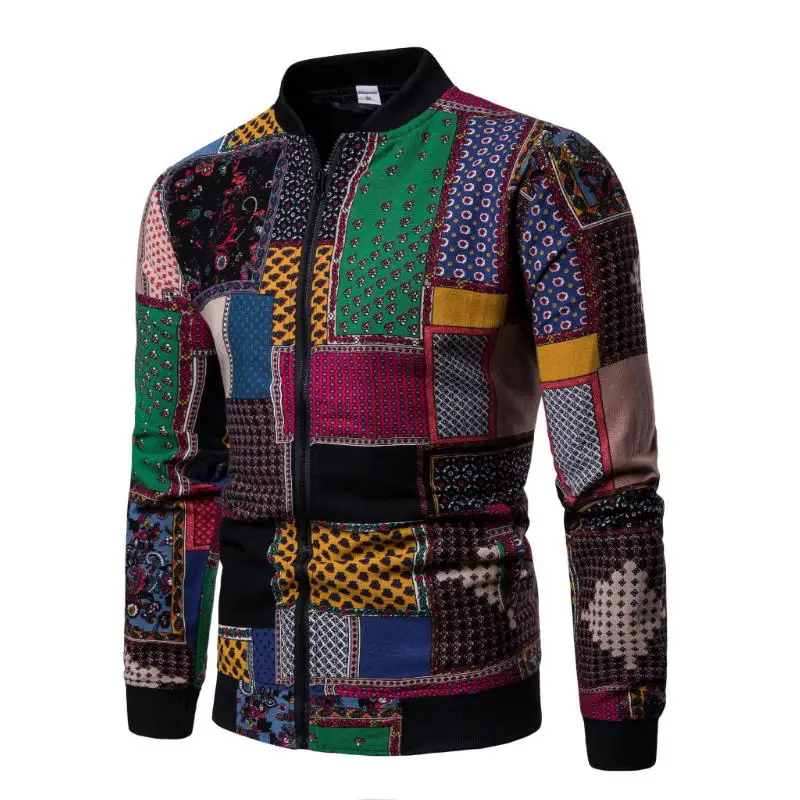 

Spring Windbreaker Jacket Men Fashion 2019 Stand Collar Print Patchwork Bomber Jacket Slim Fit Long Sleeve Plus Size Mens Coats