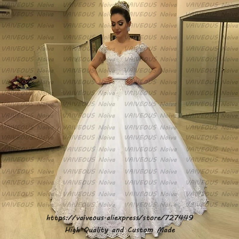 Vestido de Noiva Аппликация вышитый бисером короткий рукав бальное платье Тюль свадебное платье свадебное платье Robe de Mariee Matrimonio