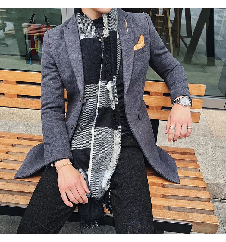 7 однотонных цветов, Длинный блейзер для мужчин, Ретро стиль, приталенный Мужской Блейзер, повседневное шерстяное пальто, высокое качество, дизайнерский блейзер