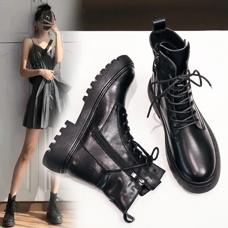 Botas negras con cordones para mujer, botas cortas de estilo británico, a  la moda, para invierno, 2020 - AliExpress Calzado