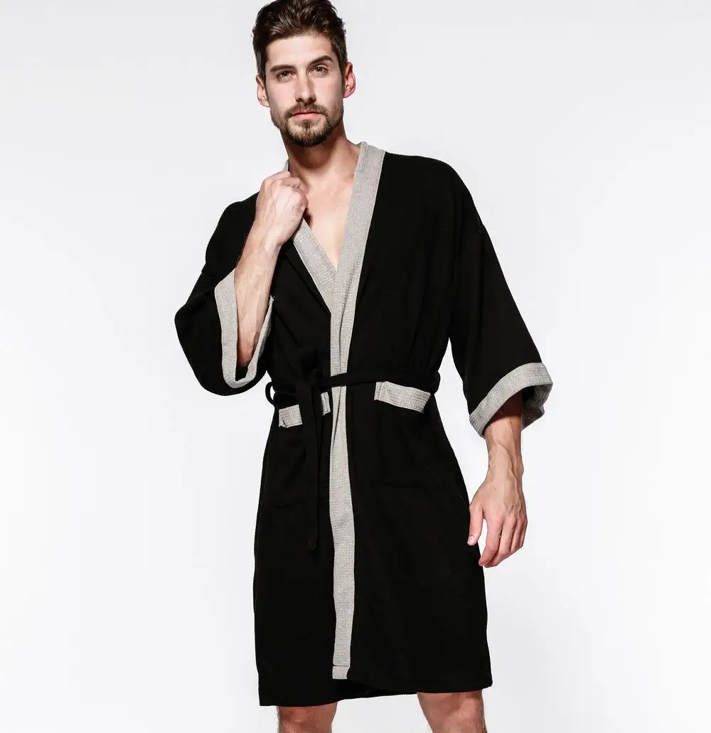 Cotton bathrobe Cotton Waffle Men Kimono Bathrobe Gown Sleepwear Couple Black Robe Nightwear Loose Casual Sauna Yukata Spring Summer Home Wear
