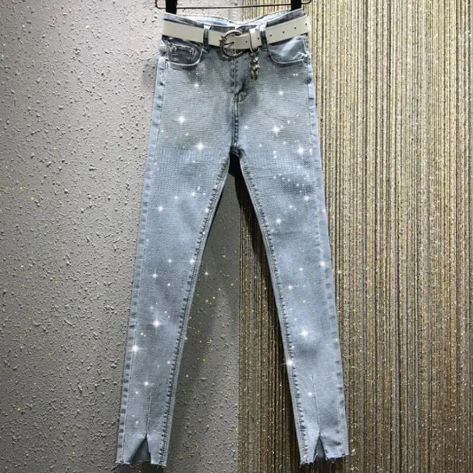 light blue Весна осень, хит, стразы, джинсы для женщин, высокая талия, стрейч, длина по щиколотку, обтягивающие, джинсовые штаны - Цвет: light blue