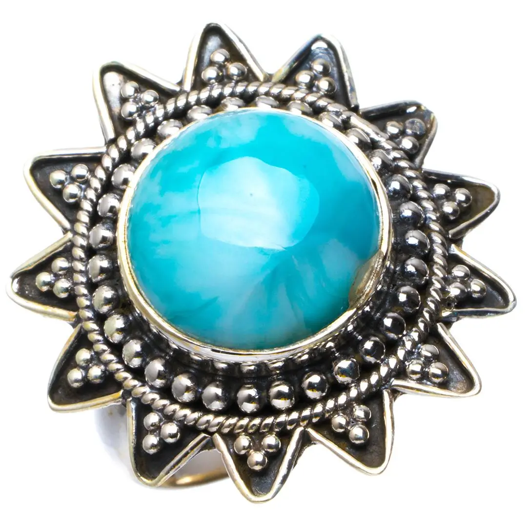 Натуральный Caribbean Larimar ручной работы уникальный солнце 925 пробы Серебряное кольцо 7 B1626