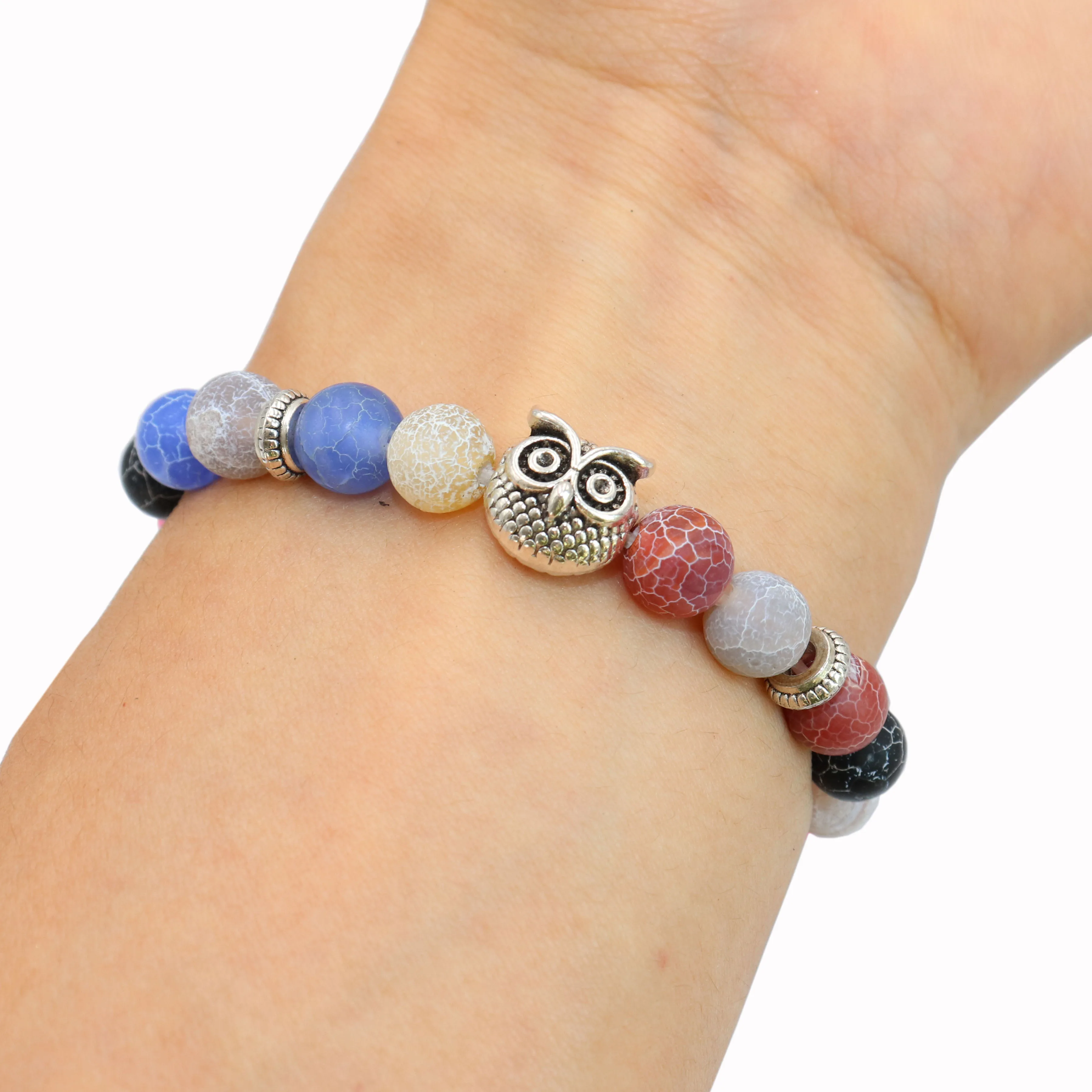 Colorful agate Природный камень 8 мм Серебряный браслет Сова Агаты тигровый глаз и лавовый камень Бусины Йога чакра браслет ювелирные изделия для мужчин женщин друг подарок - Окраска металла: Colorful agate