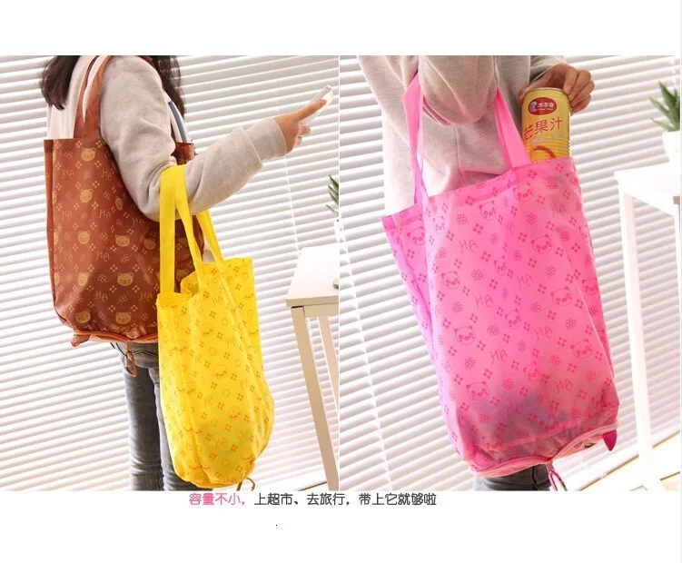 Cartoon Zipper Foldable Shopping Bag Lovely Environmental Protection Bag Portable Waterproof Bring A Hook Accept