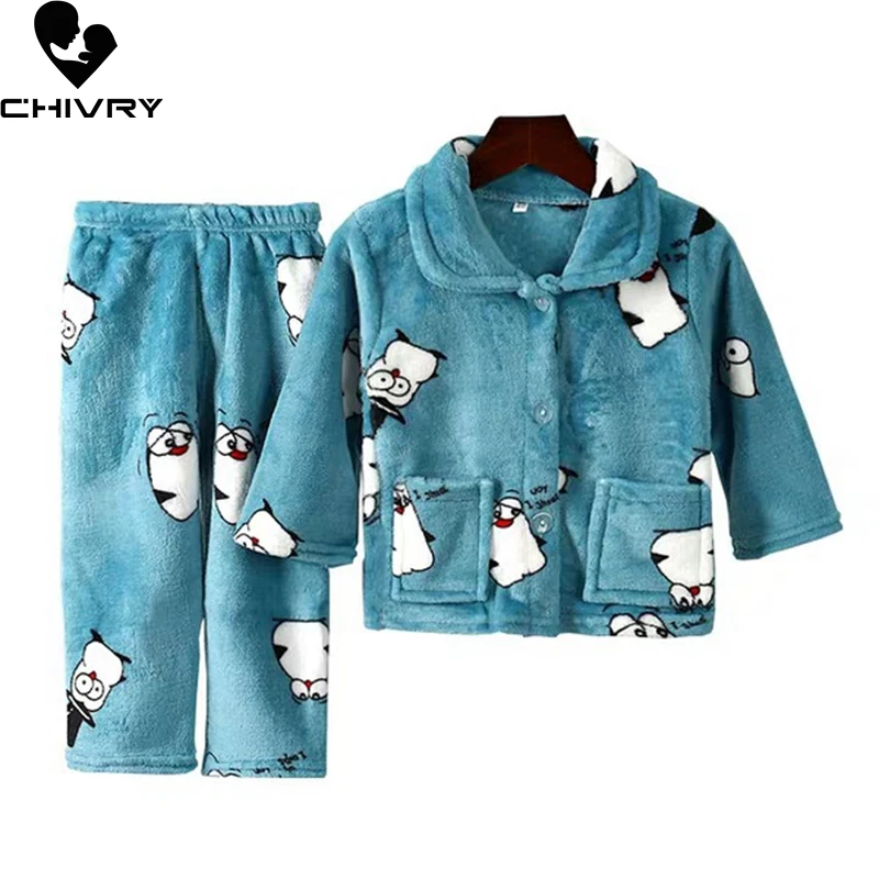 

New 2021 Kids Boys Girls Autumn Winter Flannel Warm Pajama Sets Cartoon Print Lapel Tops with Pants Sleeping Clothing Sets