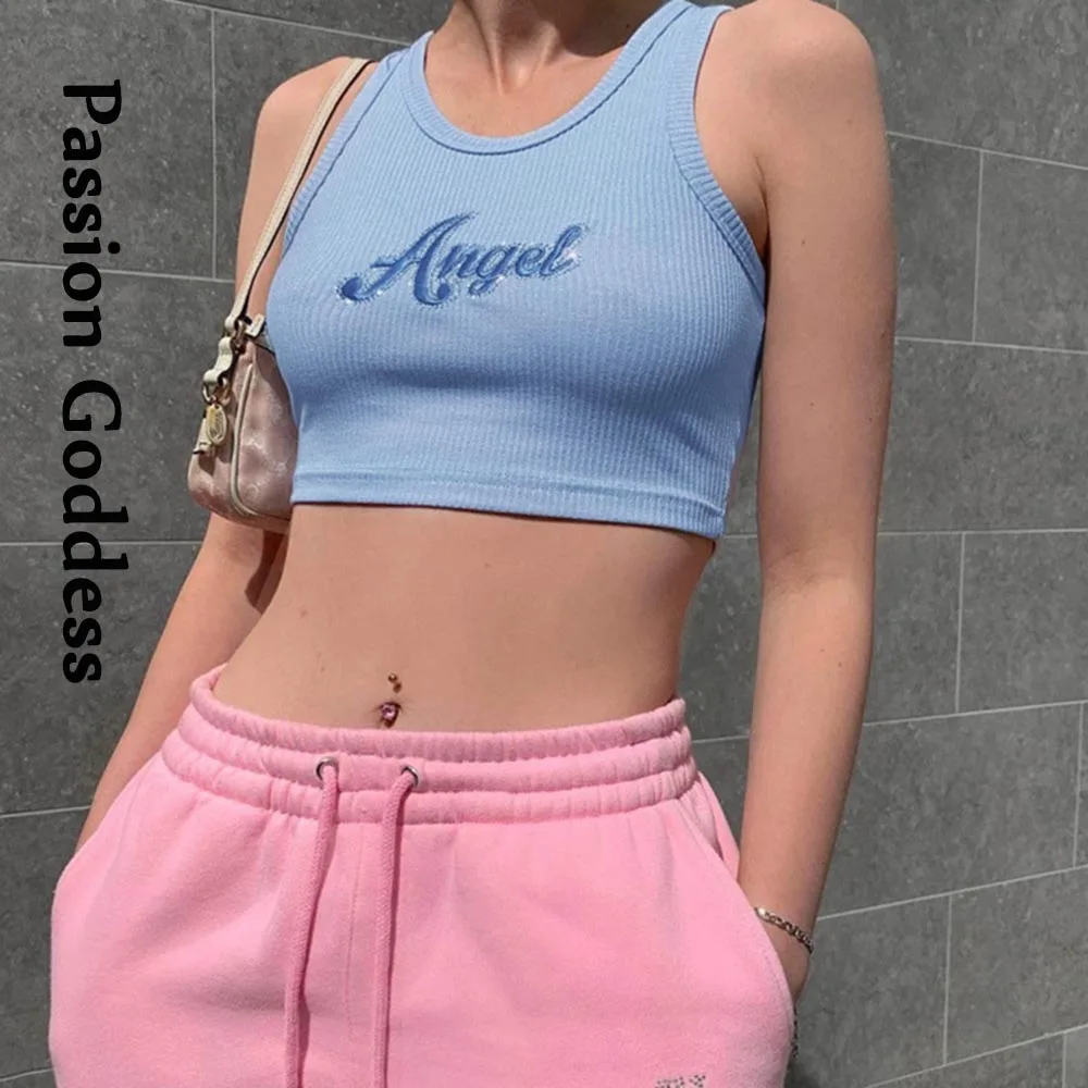 Women Tee Top Angel Letter Print Slim Crop Tops Casual T Shirt Streetwear Ta xl