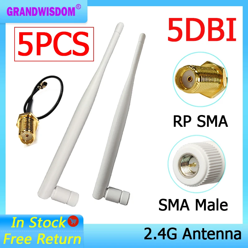 

GRANDWISDOM 5pcs 2.4G antenna 5dbi sma male wlan wifi 2.4ghz antene IPX ipex 1 SMA female pigtail Extension Cable iot antena