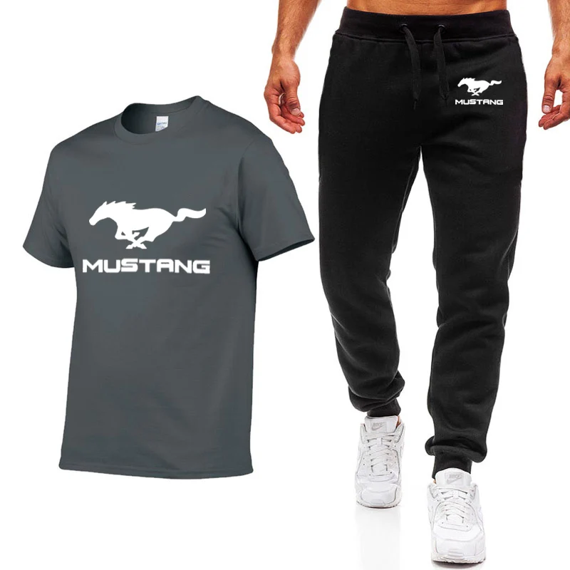 08 Модные летние мужские футболки Mustang Car с логотипом в стиле хип-хоп, Повседневная хлопковая футболка с короткими рукавами высокого качества+ штаны, костюм, одежда - Цвет: 08