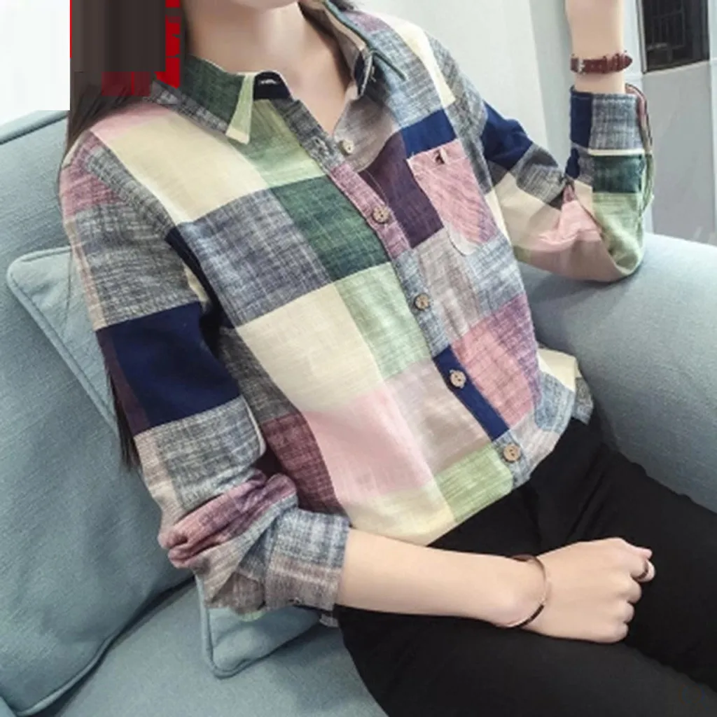 

Plaid print Blouses womens Spring Tops Leisure Button Shirts V Neck Cardigan Top Loose Long Sleeve Cotton Linen Shirt Blusas#3