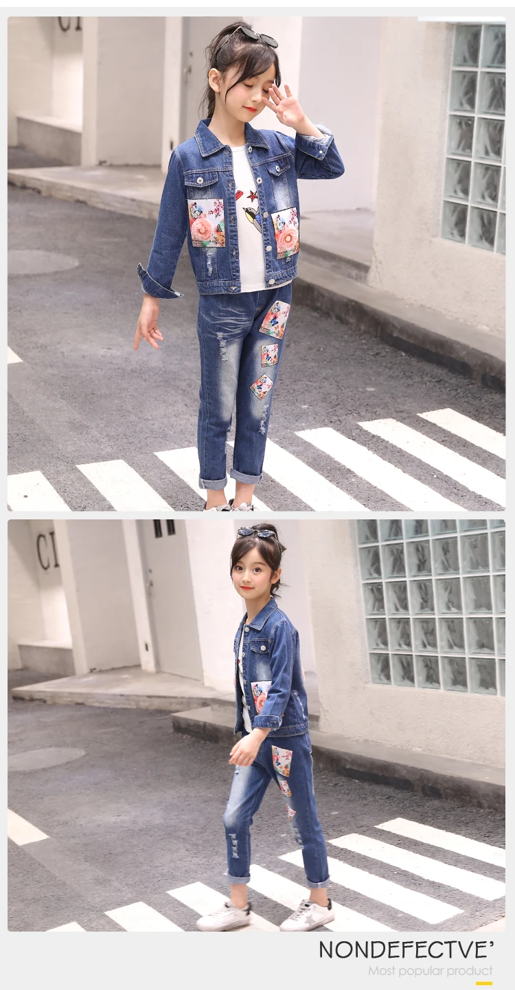 Two Pieces Kids Girls Denim Jeans Pants Set Outfit Spring New Style Kids Girls Denim Jacket Clothing Set