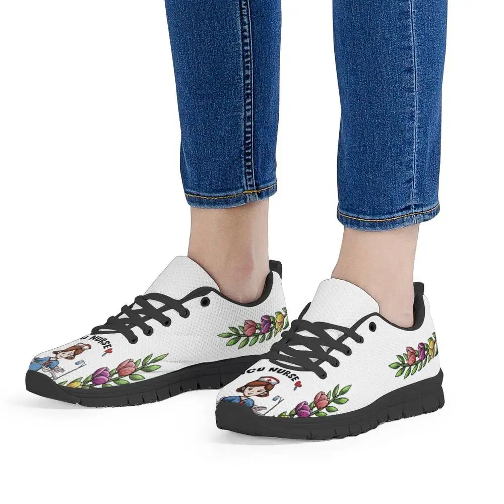 

Fashion 3D Women Flats Sneakers Nurse Design Stylish Ladies Mesh Flats Running Shoes Lace-up Walking Shoes for Girls Jogging