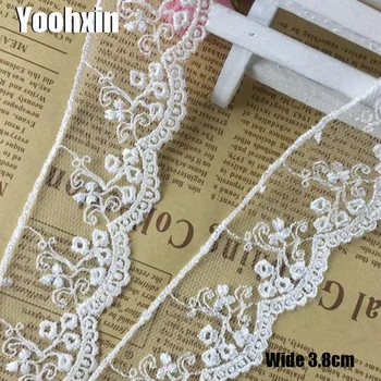 

3.8CM Wide Luxury beige Embroidery mesh flower lace fabric trim ribbon DIY sewing applique collar dress wedding guipure decor