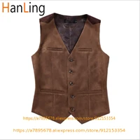 Men's Suit Vest Suede Western Denim Waistcoat Steampunk V-neck Single Breasted жилетка мужская 1
