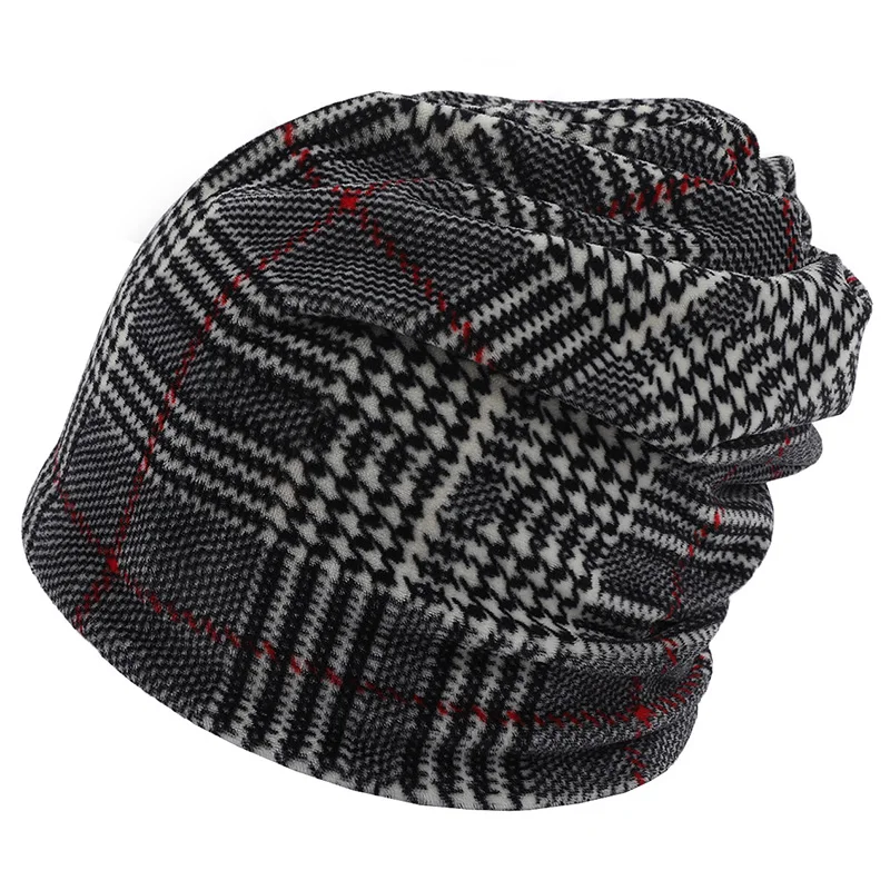 Outdoor Windproof Warm Double-Layer Multi-Color Lattice Warp Velvet Cap Cuff Hat Warm Woven Bag Head Skully Cap