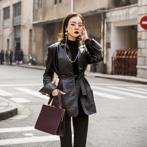Black Карманный локомотив одна застежка длинный рукав тонкий пояс Ремни pu кожаная куртка одежда мода уличная осень зима пальто - Цвет: Black