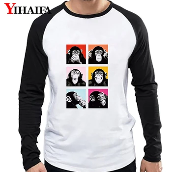 

Men Long Sleeve T Shirts Funny Colorful Monkey Baseball Print Tees White Tee Tops Black Sleeves Hip Hop Pullover T-shirt