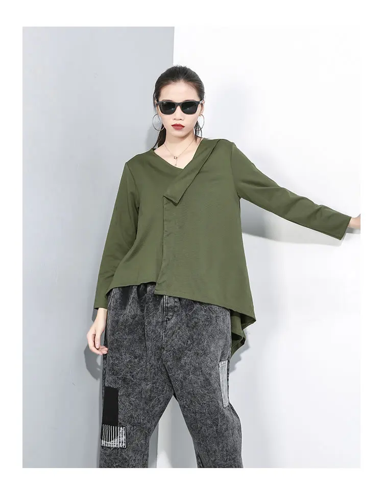 green GCC2116 XITAO Асимметричная женская футболка модная новинка осенний элегантный плиссированный пуловер в этническом стиле с v-образным вырезом и длинным рукавом GCC2116 - Цвет: green GCC2116