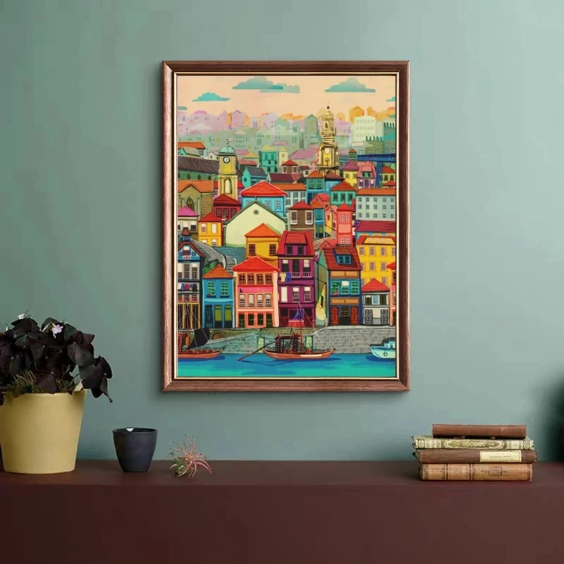 인상파 다채로운 집 포스터 캔버스, 도시 풍경 건물, 월 아트, 캔버스, 인쇄, 그림, 그림, 현대, 홈 장식