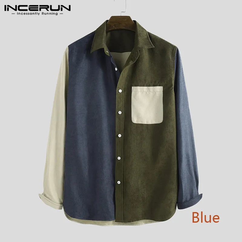 Blue Shirt Модная Вельветовая Мужская рубашка в стиле пэчворк, уличная одежда с длинными рукавами и карманами, брендовая мужская рубашка, индивидуальная Повседневная шикарная мужская рубашка - Цвет: Blue Shirt