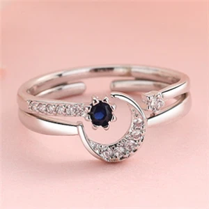 2 pcs Новое поступление, набор серебряных колец 925 Love Moon с синими кристаллами, Штабелируемый набор обручальных колец для женщин и друзей, ювелирное изделие - Цвет основного камня: 2 pcs