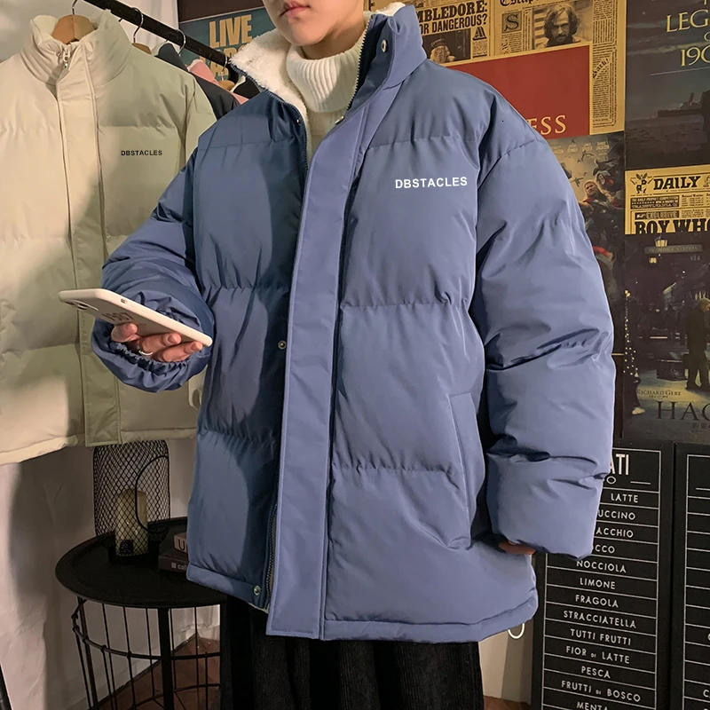 Hybskr Fleece Thicken Letter Graphic Men Winter Coat Stand Collar Oversize Parkas Korean Style Male Padded Coat Warm Jackets