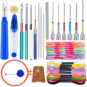 

LMDZ Embroidery Beginner Kit with 20 Pcs Embroidery Floss, 10 Pcs Embroidery Punch Needle, Needle Threader and Embroidery Hoop