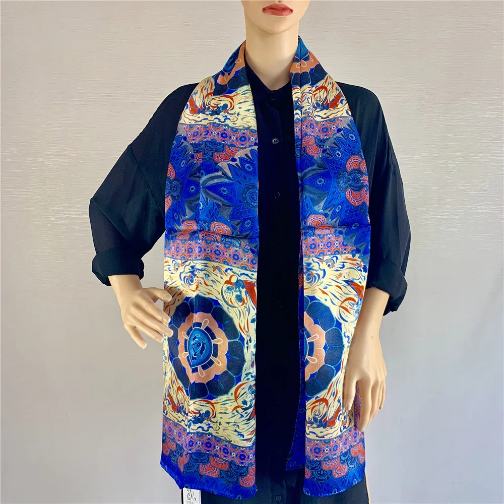

DUNZHIYUN Dunhuang Mural Series Silk Women's Scarf Blue Plaid Print Silk Road Luxury Female Shawl Costume Accessories