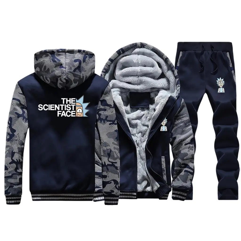 Dark Blue Рик и Морти камуфляж Толстовка Мужская s зима новая куртка брюки 2 шт наборы мультфильм теплый костюм мужские толстовки на молнии уличная одежда - Цвет: Dark Blue