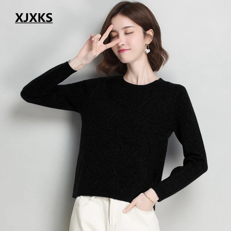 XJXKS ropa mujer Invierno вязаный свитер уличная Ulzzang молодых девушек Топы женские пуловеры джемпер однотонные свитера - Цвет: Черный