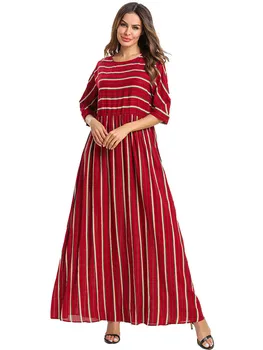 

Muslim Abaya A-line Dress Women Short Sleeves Big Swing Stripe Long Dresses Elbise Islam Dubai Turkey Islamic Clothing Plus Size