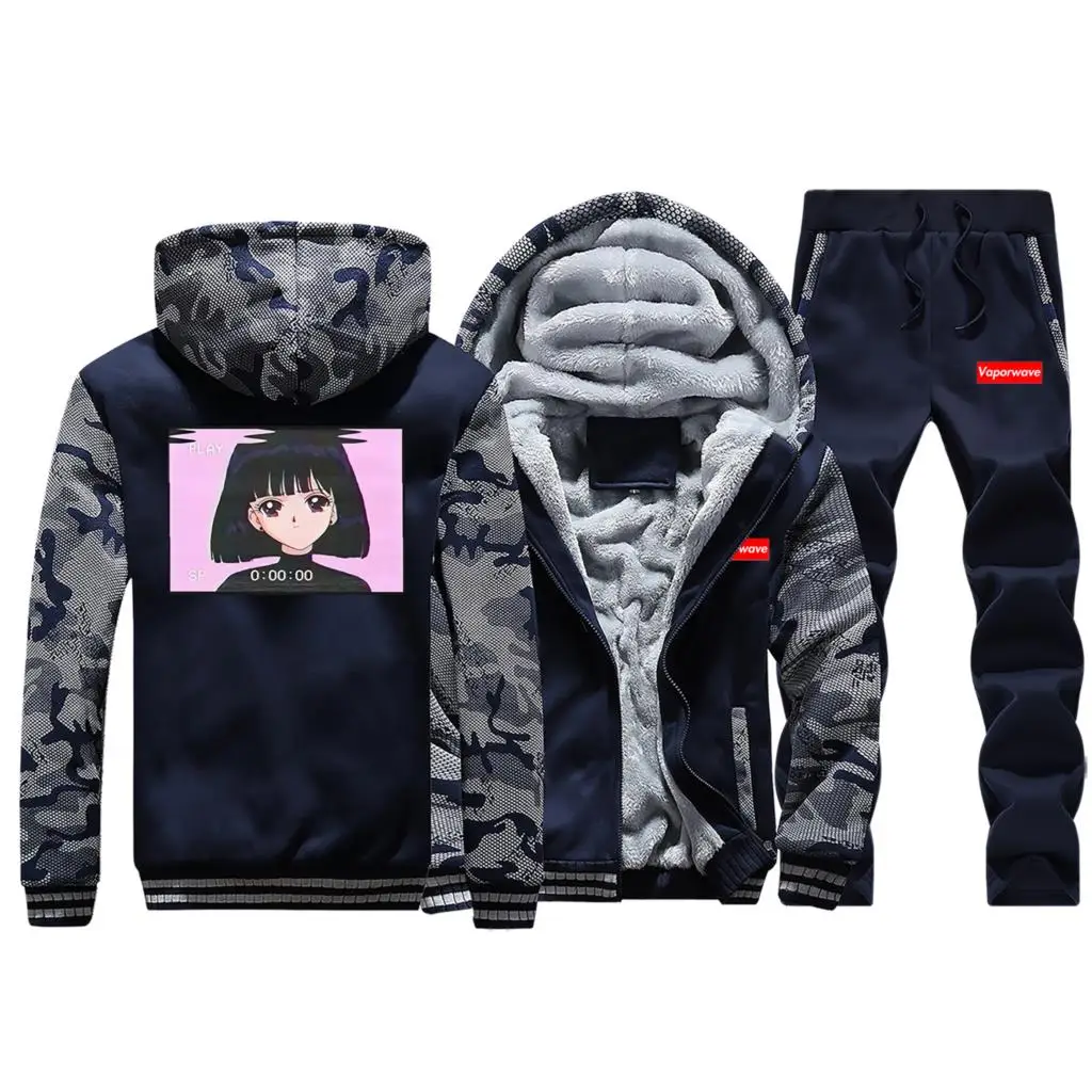 Vaporwave Harajuku, мужской спортивный костюм, новинка зимы, куртка+ штаны, комплект из 2 предметов, Мужская камуфляжная толстовка, мужские плотные толстовки, аниме, теплый костюм - Цвет: Dark Blue