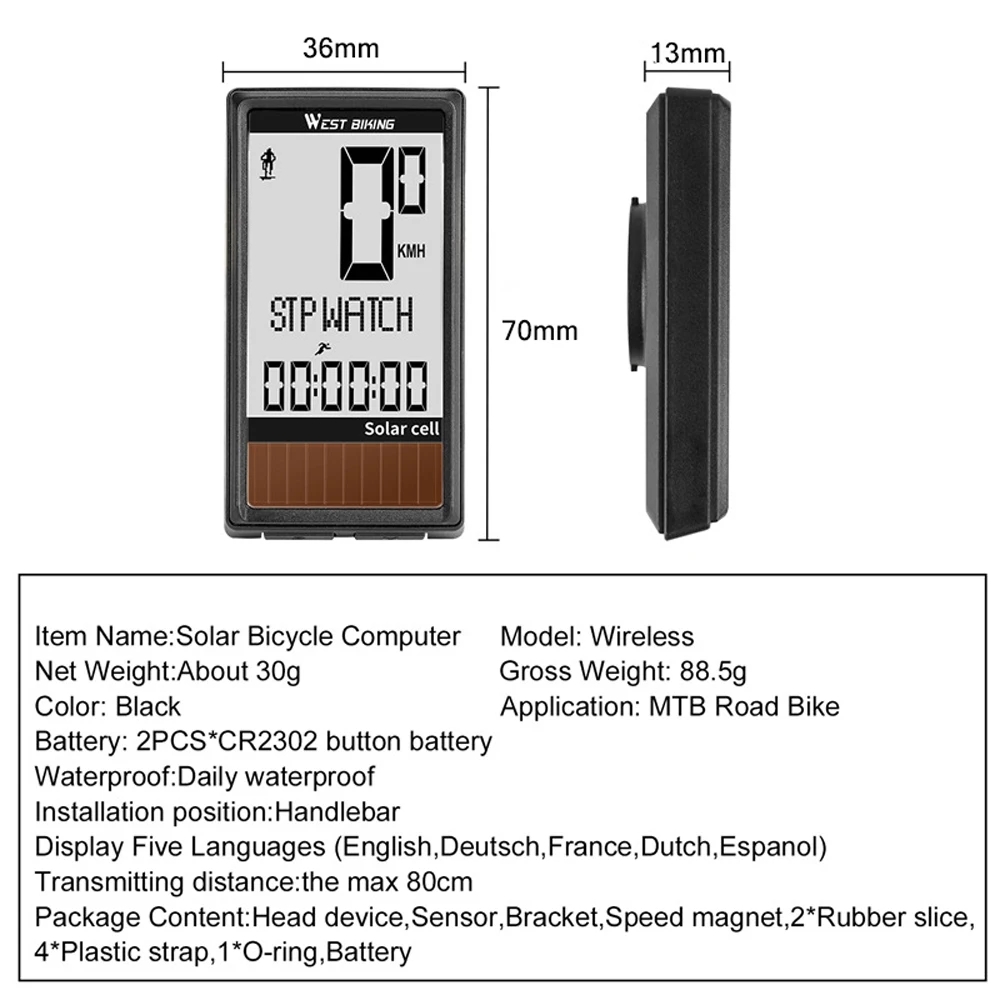 Беспроводной Велосипедный компьютер, Автоматическое включение/выключение, велосипедный спидометр, одометр, водонепроницаемая подсветка, велосипедный секундомер, солнечная батарея, 5 языков