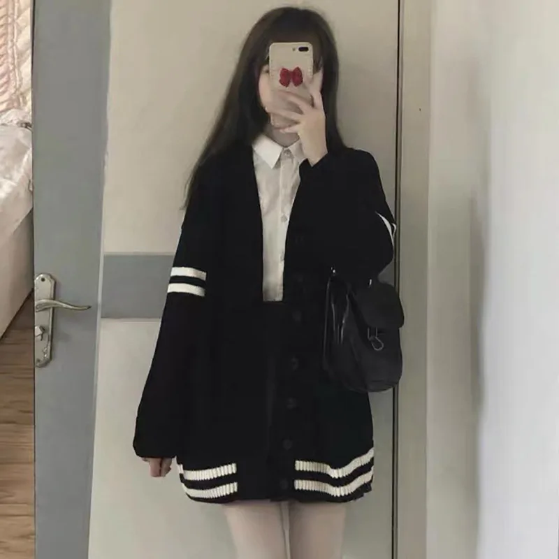 

Винтажное пальто Anebnser-Harajuku для женщин, черный V-образный вырез, свободная верхняя одежда, ленивый ретро-трикотаж, одежда Harajuku, весна, осень, Новинка
