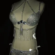 Блестящий бюстгальтер со стразами короткое бикини набор для ночного клуба DJ DS женский певец костюмы с кисточками женский Танец День рождения сексуальный комплект одежды