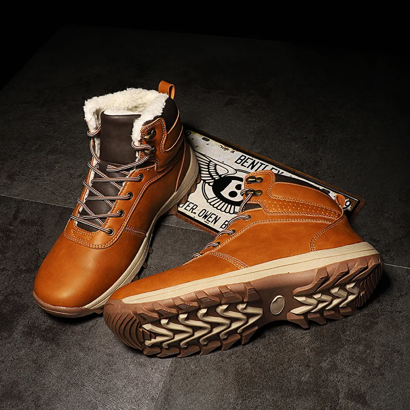 

2021 Winter Men Martin Boots Plush Warm Snow Boots Waterproof Outdoor Short Boots Leather Ankle Boots Men Shoes Big Size 38-48