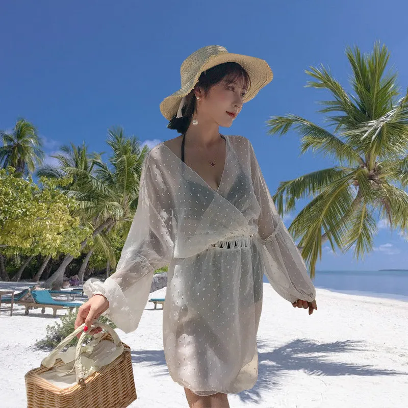 

Summer Sun Protection Clothing Women Bathing Suit Sequins Mesh Beach Cover-Ups Sexy Lace Crochet Bikini 2020 Lady Swim Cover Ups